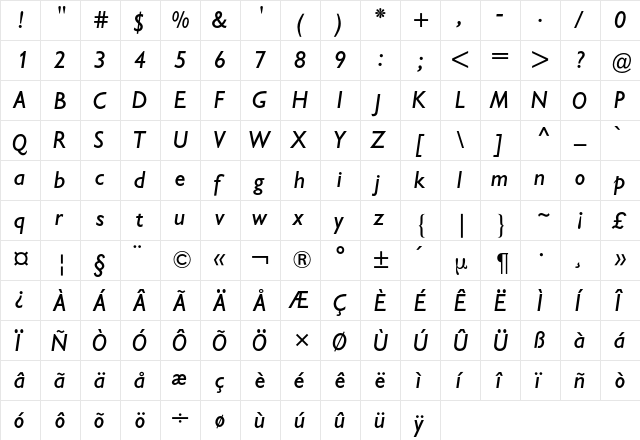 Gill Sans BQ Regular  glyph index