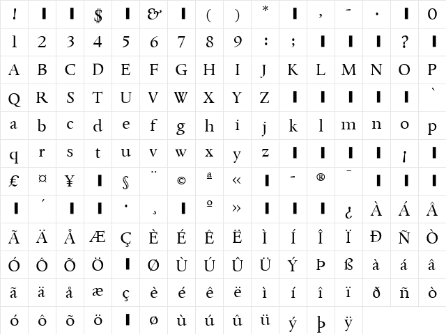 Whitenights LT Std Titling Regular  glyph index