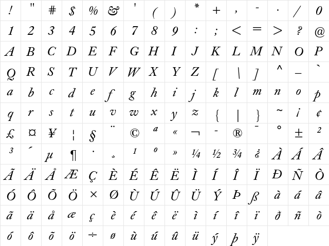 Caslon Book BE Italic  glyph index