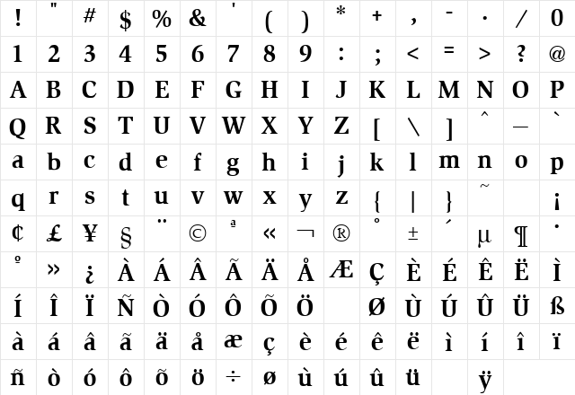 Slimbach Bold  glyph index