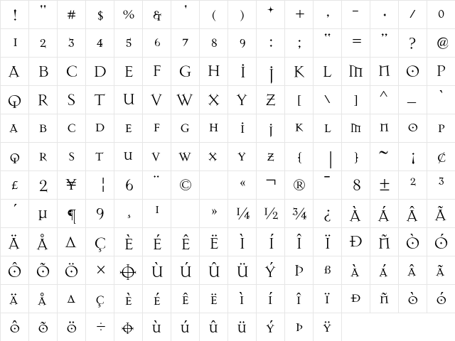 MasonAlternate Roman  glyph index