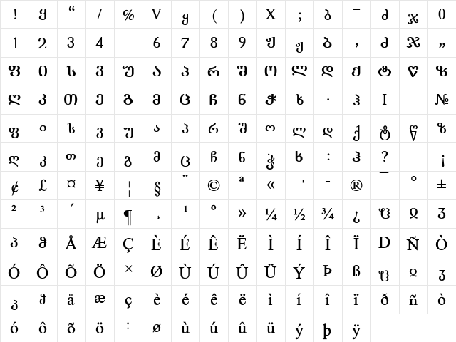 Literaturuli-TD Bold  glyph index