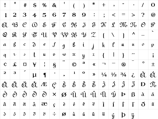 BedFord Bold  glyph index