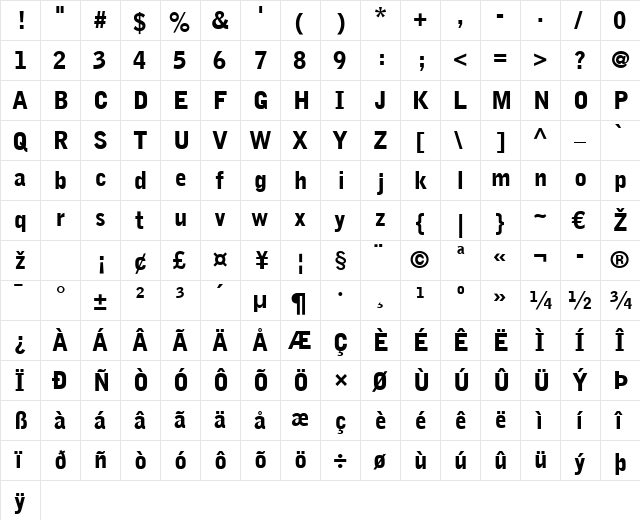 Bell Gothic Black Regular  glyph index