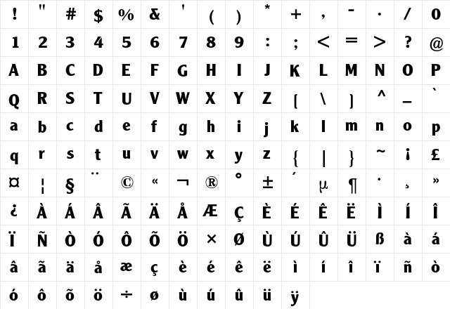 Clearface Gothic BQ Regular  glyph index