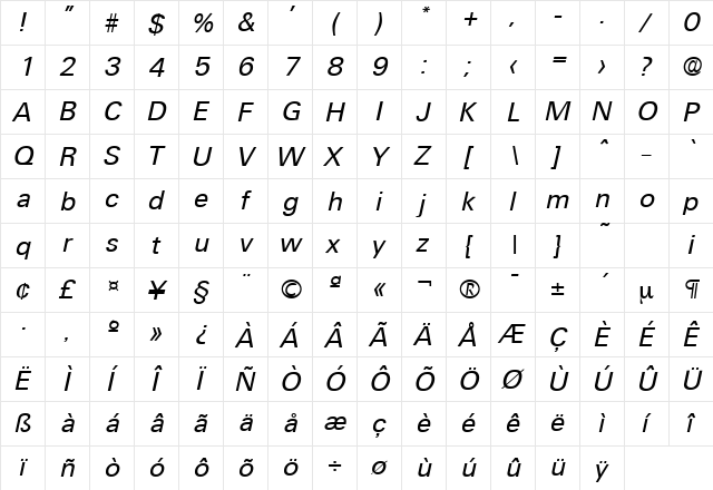 Ultimate-Serial DB RegularItalic  glyph index