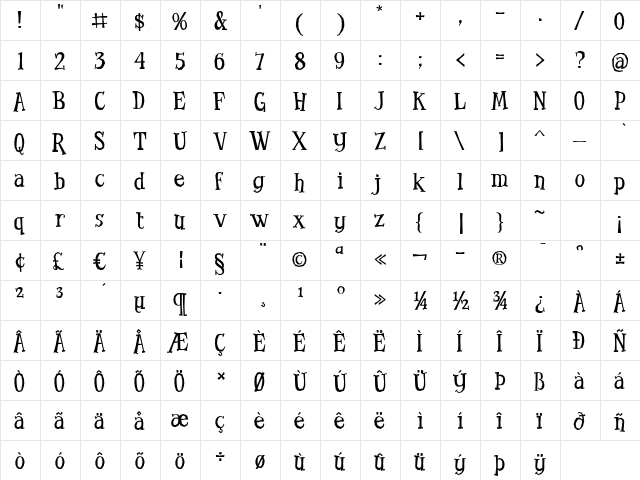 Benderville Regular  glyph index