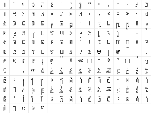 Megatron Hollow Condensed Regular  glyph index