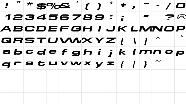 SpaceOutBoldExtended Italic  glyph index