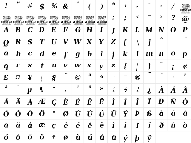 Blaak Bold PERSONAL USE Italic  glyph index