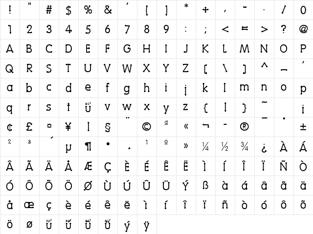 Vantrel Regular  glyph index