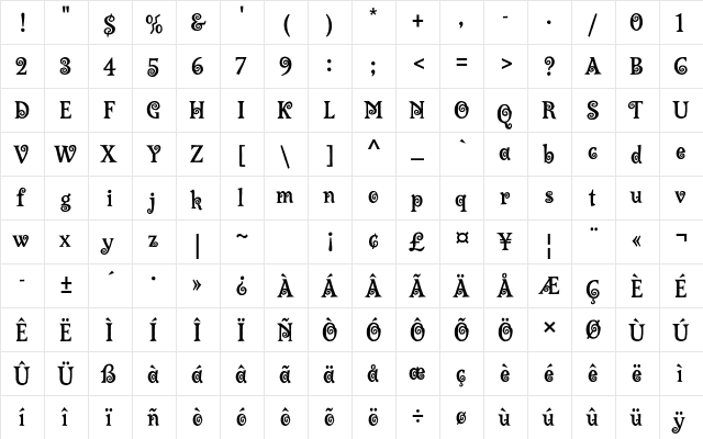 Lambada Std Regular  glyph index