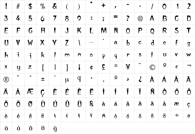 Japanette Regular  glyph index