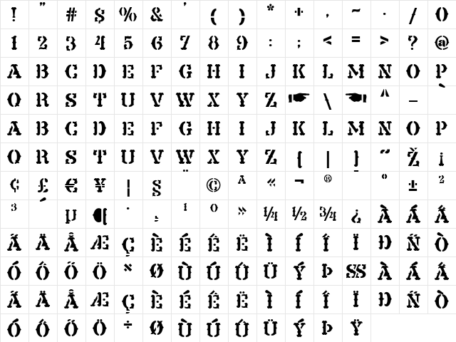 Waxahachie WBW Regular  glyph index