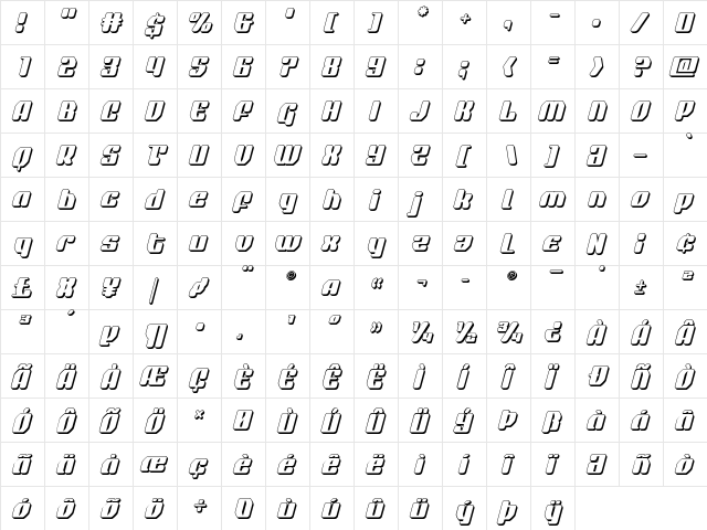 Quasar Pacer 3D Italic Italic  glyph index