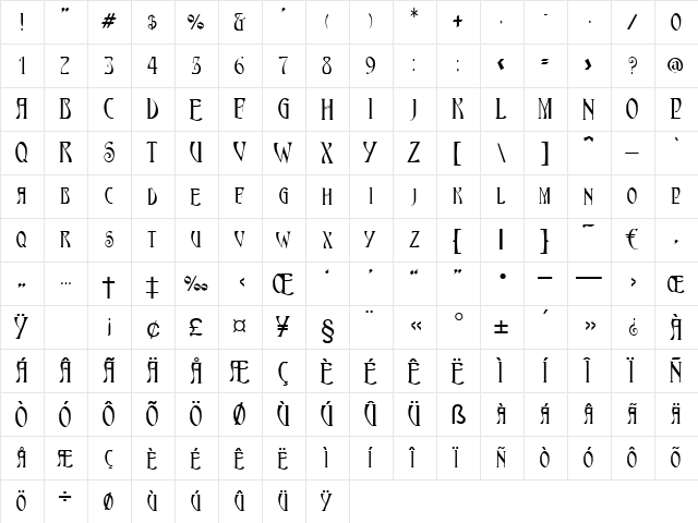 Tedeum Regular  glyph index