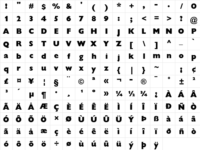 Gill Sans Std Extra Bold Display  glyph index