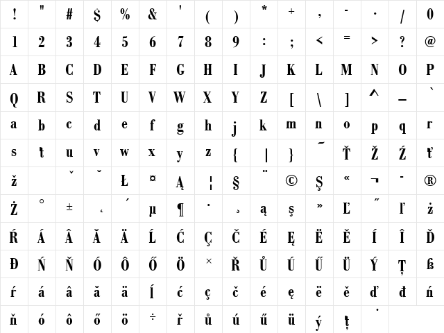 BodoniAntTEEDemBolCon Regular  glyph index