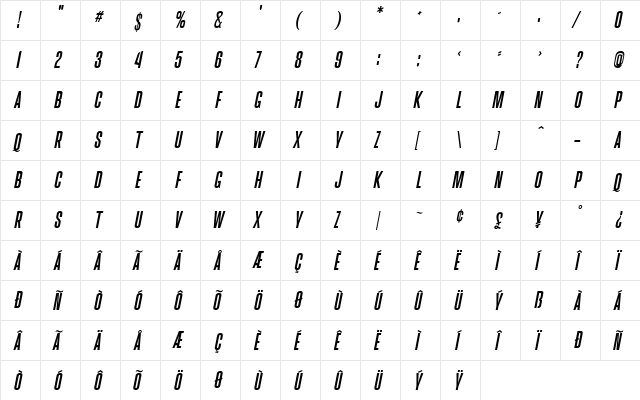 Brusio Italic  glyph index