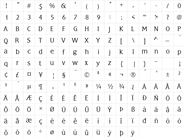 Flare Light Gothic Regular  glyph index