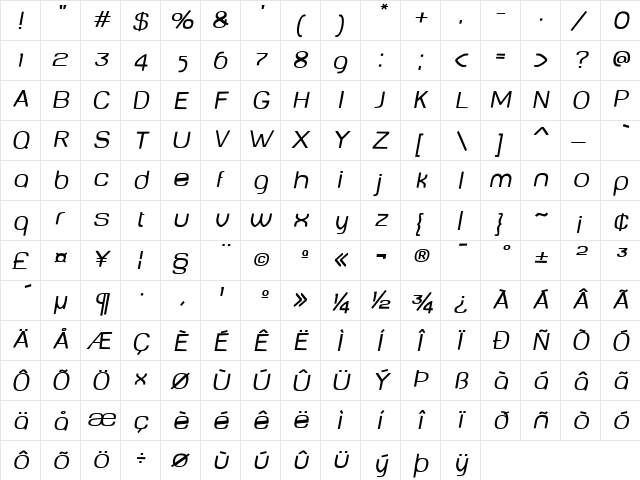 BabyMinePlump Italic  glyph index