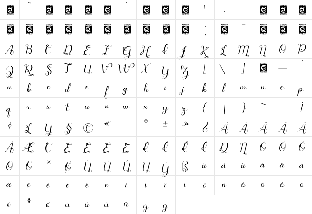 Vanetta Regular  glyph index