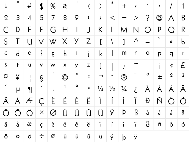 Amer LT Regular  glyph index