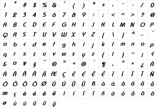 Steff Italic Regular  glyph index