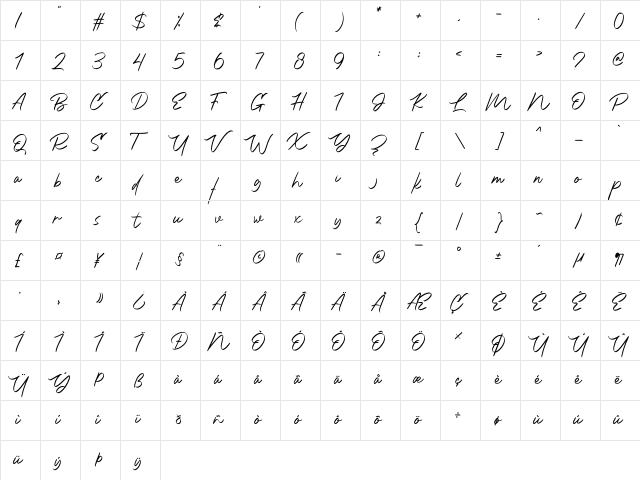 Brattalia Regular  glyph index