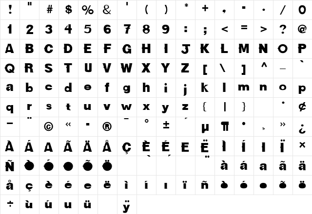 NewBold Bold  glyph index