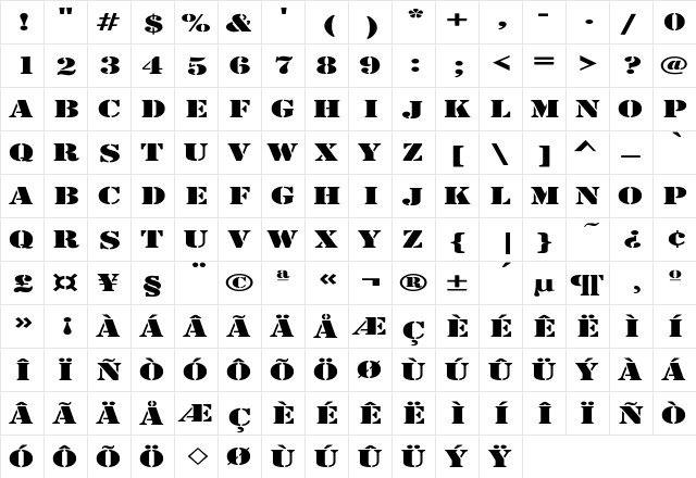 Rudy Expanded Regular  glyph index