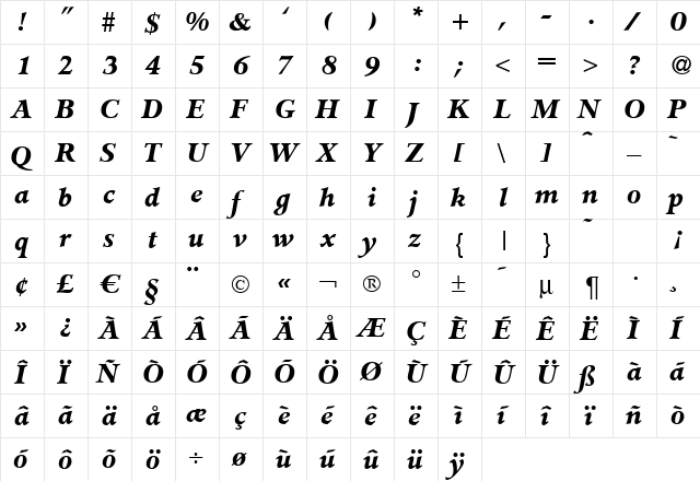 Jessamine BoldItalic  glyph index