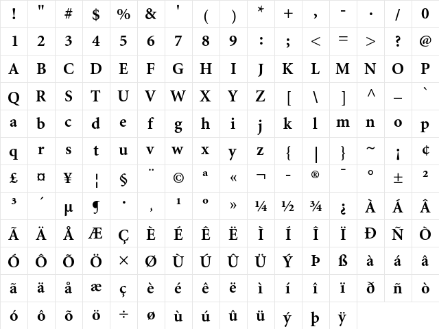 Minion Bold  glyph index