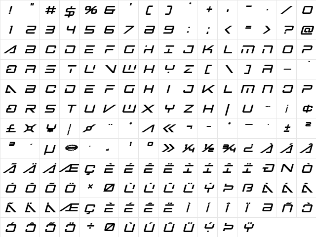 Banshee Pilot Black Italic Black Italic  glyph index