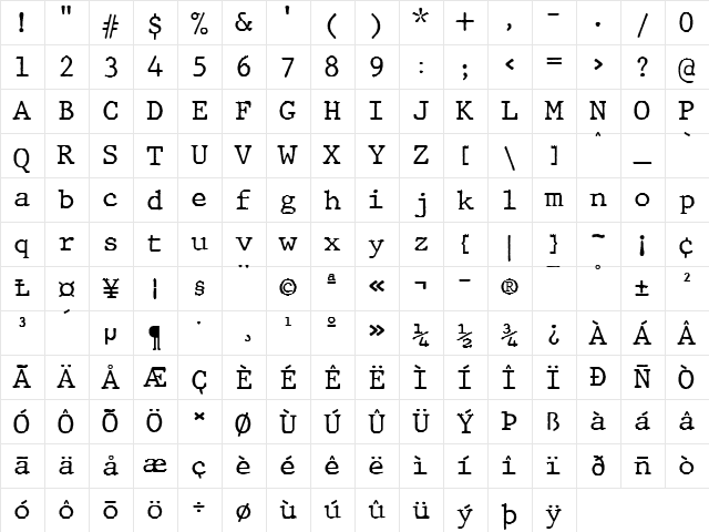 JMH Typewriter Regular  glyph index