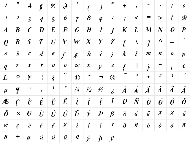 TemaCantante Regular  glyph index