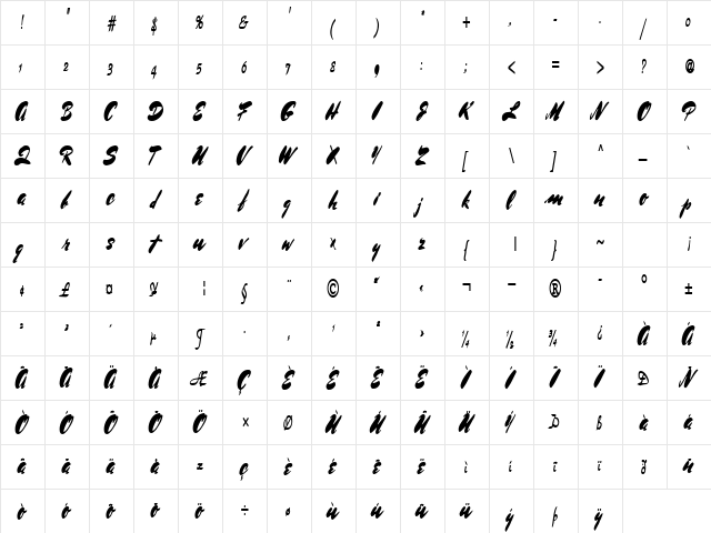 Dance Regular  glyph index