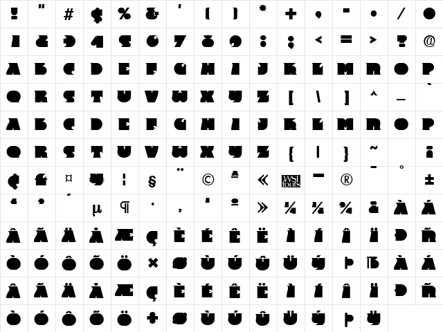 Frantic Regular  glyph index
