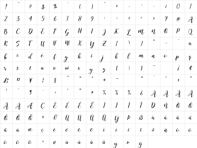 Kitahara Script Regular  glyph index