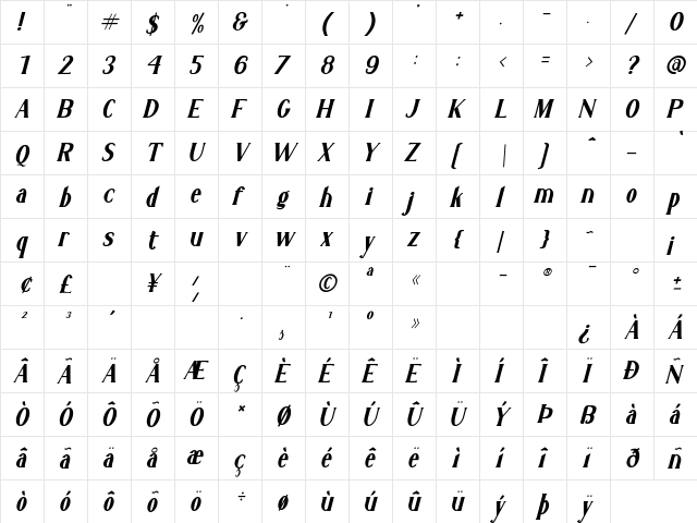 Charlotte Giselle Italic Regular  glyph index