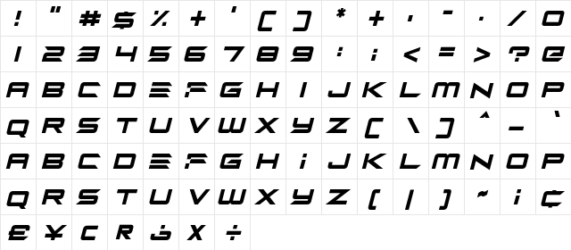 Alien Mine Italic  glyph index