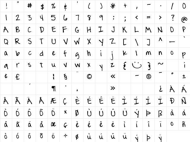 DJB Journaling Font Regular  glyph index