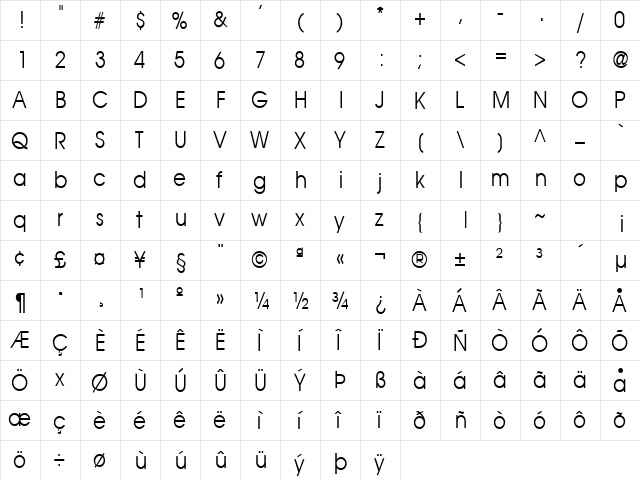 Atilla-Condensed Normal  glyph index