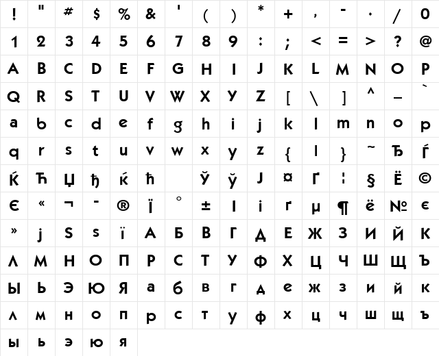 KabelCTT Book Bold  glyph index