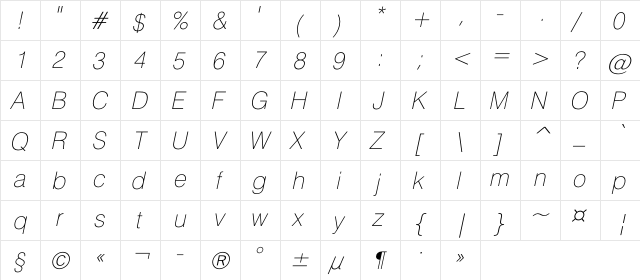 HeliosThin Italic  glyph index