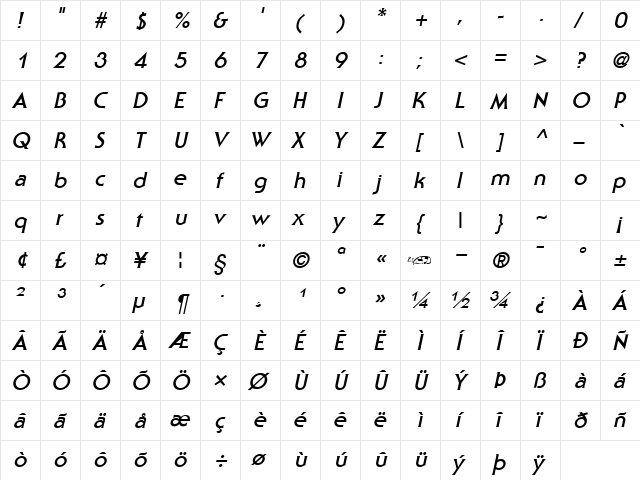 Staid Bold Italic  glyph index