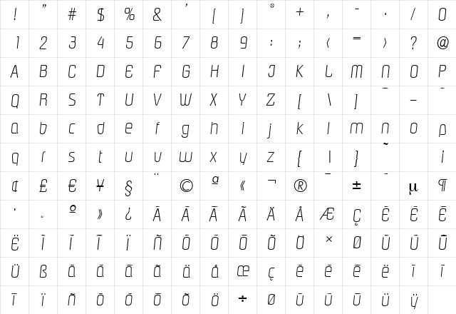 PasadenaSerial-Xlight Italic  glyph index