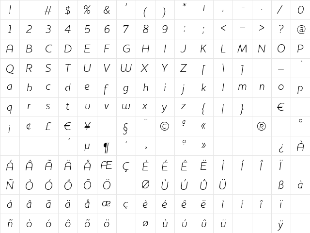 HouschkaLightItalic Regular  glyph index
