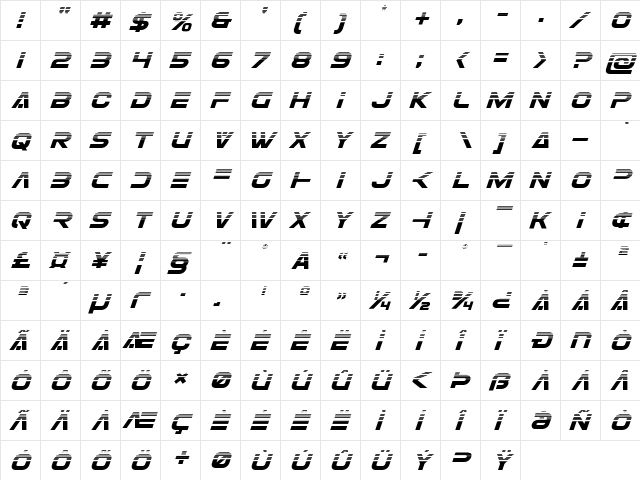 Eurofighter Halftone Italic Italic  glyph index