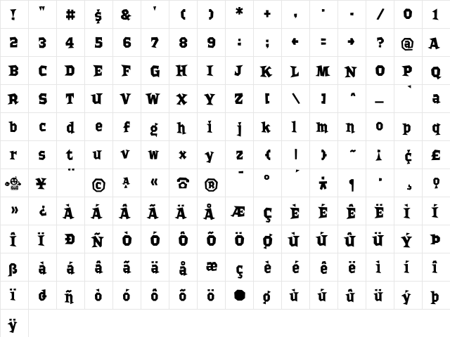 Bordello Bold  glyph index